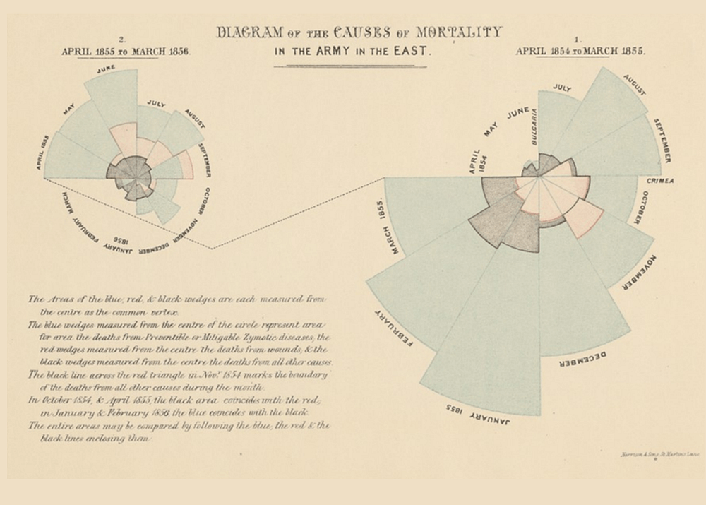 Florence Nightingale's Rose Diagram illustrating causes of mortality in the Crimean War